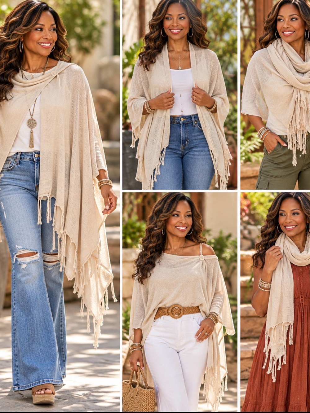 Mystree  Oatmeal Asymmetrical Fringe Wrap Cardigan Boho Lightweight Layering